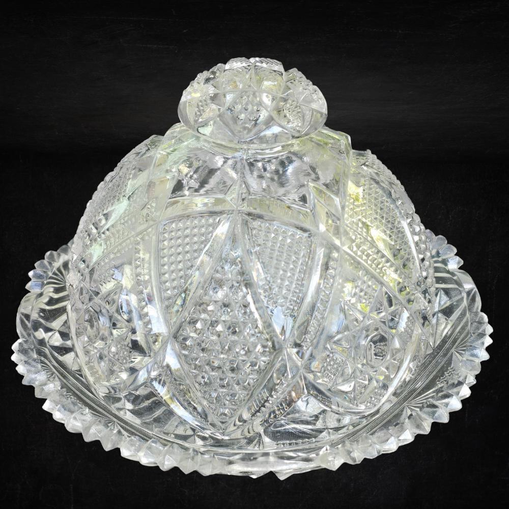 Antique EAPG Covered Butter Dish Manganese UV Glow Pressed Glass c1900